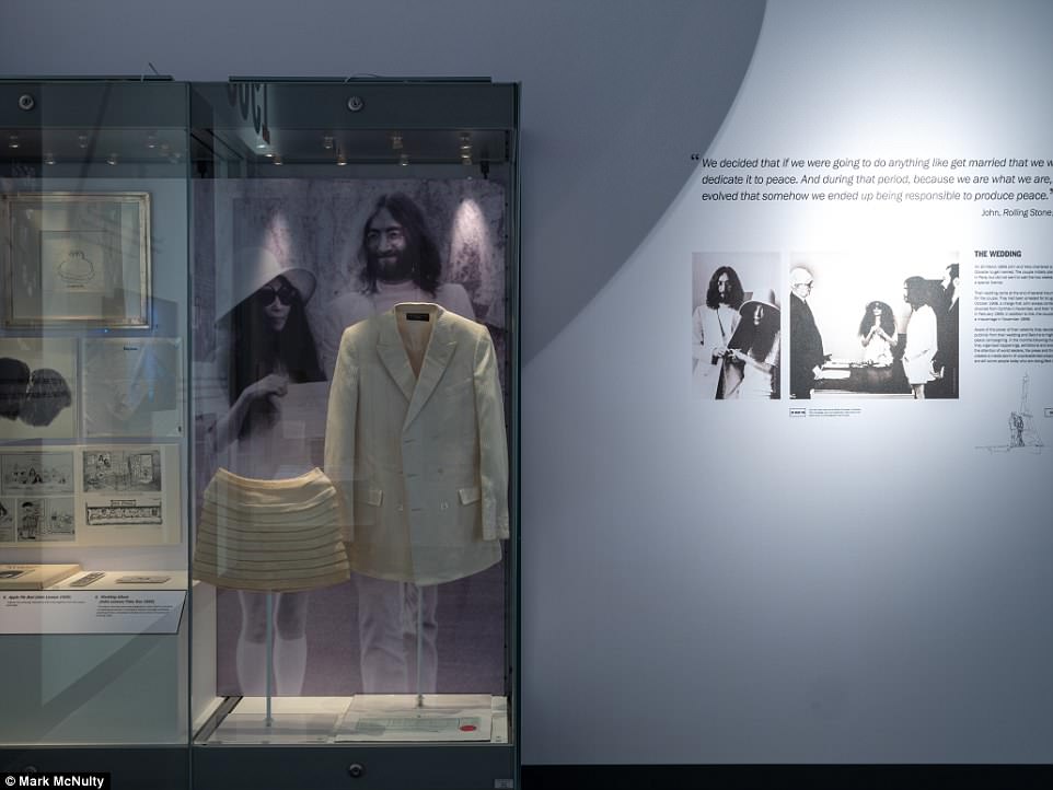 Also on show is the white skirt that Yoko wore on her wedding day in 1969 and the blazer worn by Lennon