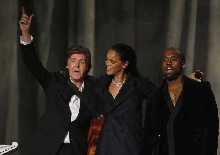 McCartney, Rihanna and West after performing "FourFiveSeconds" at the 57th annual Grammy Awards in February 2015.
