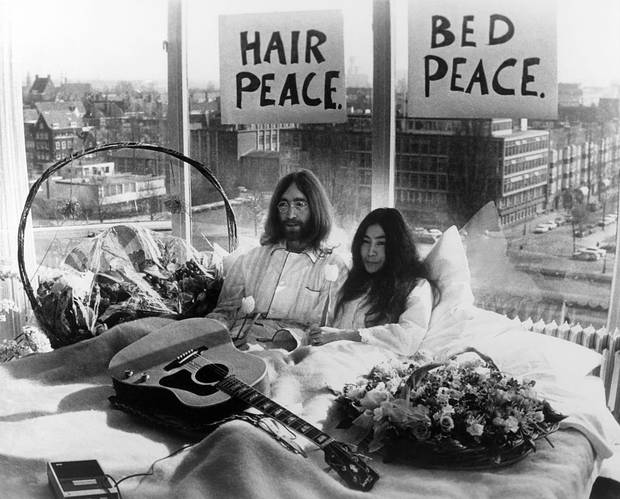 Yoko and John Lennon gave peace a chance during a week-long 'bed in' at the Amsterdam Hilton, during March 1969. Photo / Getty