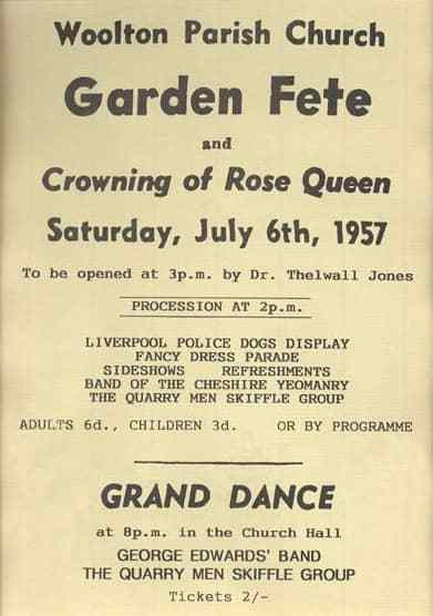 Poster for The Quarrymen at the Woolton Parish Church garden fete, Liverpool, 6 July 1957