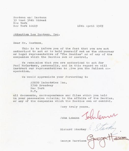 LONDON - MAY 5: Lot 298, a letter from 3 of the Beatles (John Lennon, George Harrison and Ringo Starr), dated 18 April 1969 to Lee Eastman showing evidence of one of the major catalysts behind the disbanding of The Beatles is seen ahead of todays Pop Memorabilia auction held at Christie's South Kensington on May 5, 2005 in London. The sale of 315 lots includes this letter documenting the break-up of The Beatles from 1969 - expected to reach GBR40,000-60,000 - , Lennon's black T-shirt bearing the letters Imagine, and other items relating to The Who, Brian Wilson, The Rolling Stones and Eric Clapton. (Photo by Christies via Getty Images)