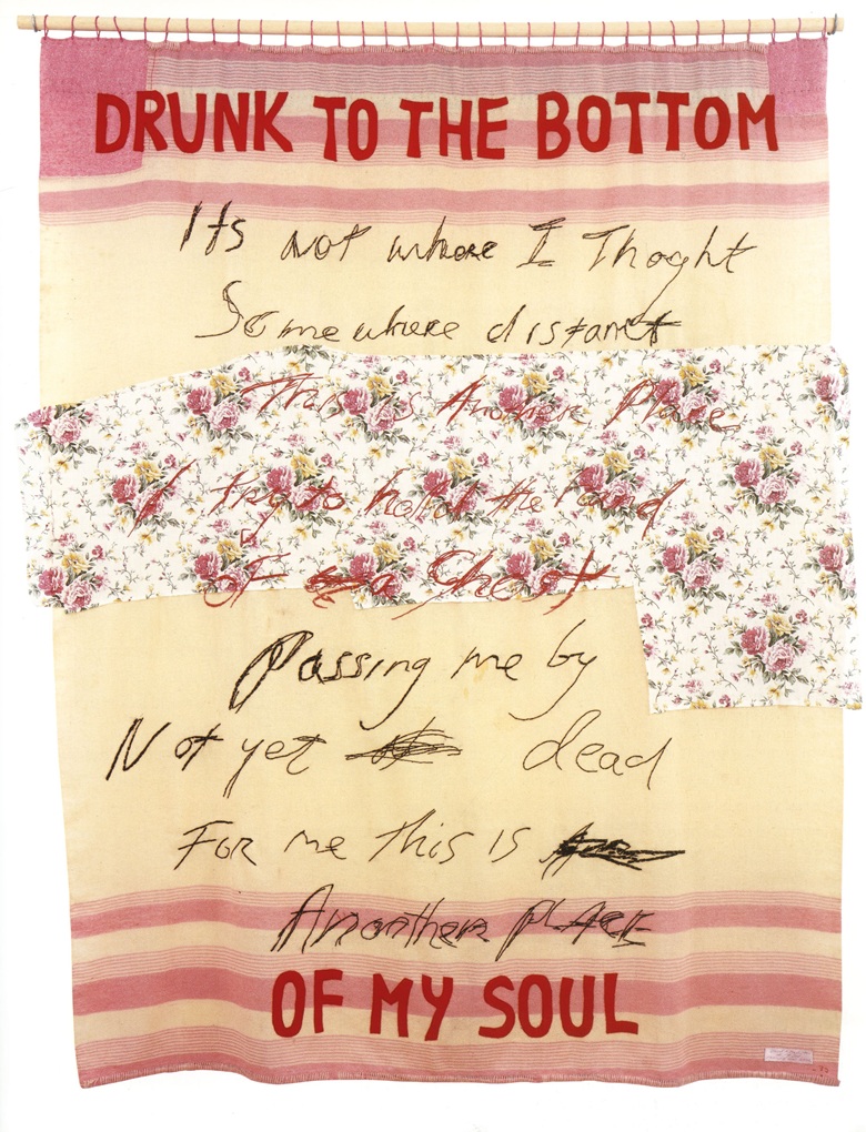 Tracey Emin, Drunk to the Bottom of My Soul, 2002. Appliqué blanket with embroidery. 76 x 63 in (193 x 160 cm). Offered in The George Michael Collection on 14 March at Christie’s London