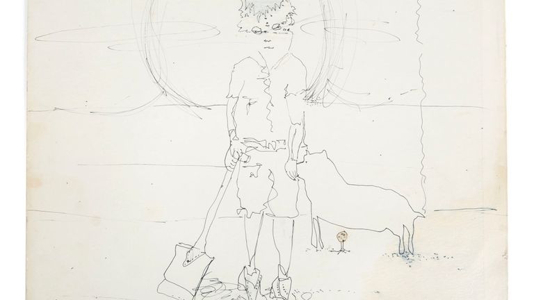 John Lennon sketches a man holding a shovel with his dog