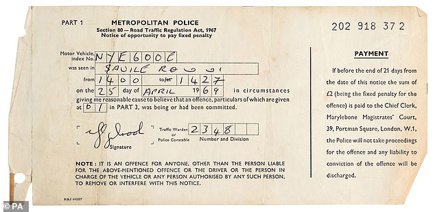 A parking ticket issued to Ringo Starr in April 1969 is expected to sell at auction for £1,500