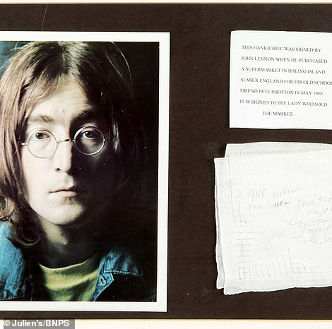One of the most bizarre items is a handkerchief Lennon signed to a Mrs Wilson when she sold him her supermarket in Hayling Island, Hants, in 1965. Lennon bought the business as a gift to his childhood friend Pete Shotton. The white hanky is valued at £15,000