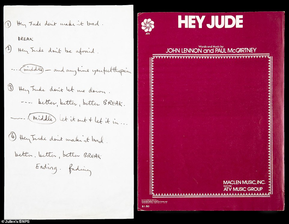 McCartney's hand written partial lyrics for the recording of Hey Jude is the most expensive lot in the sale. McCartney wrote the words for John Lennon's young son Julian. It is thought the notes helped either him or John Lennon with his timing when they recorded the classic song at Trident Studios in London in 1968. McCartney later gifted the piece of paper to a studio engineer. It is expected to sell for £150,000