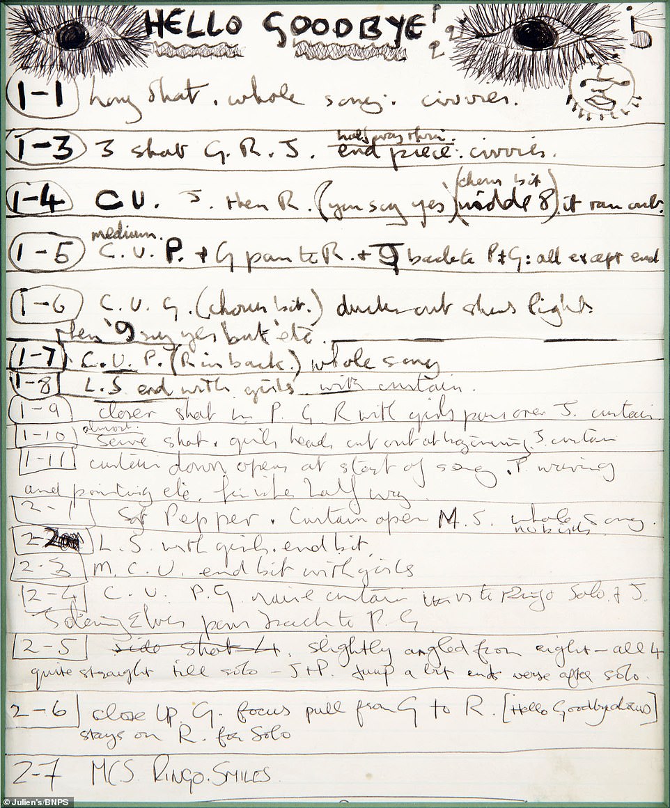 The filming notes for the video of Hello Goodbye! in 1967 are worth £70,000. McCartney directed the video and his handwritten script contains frame-by-frame notes of how he wanted each shot