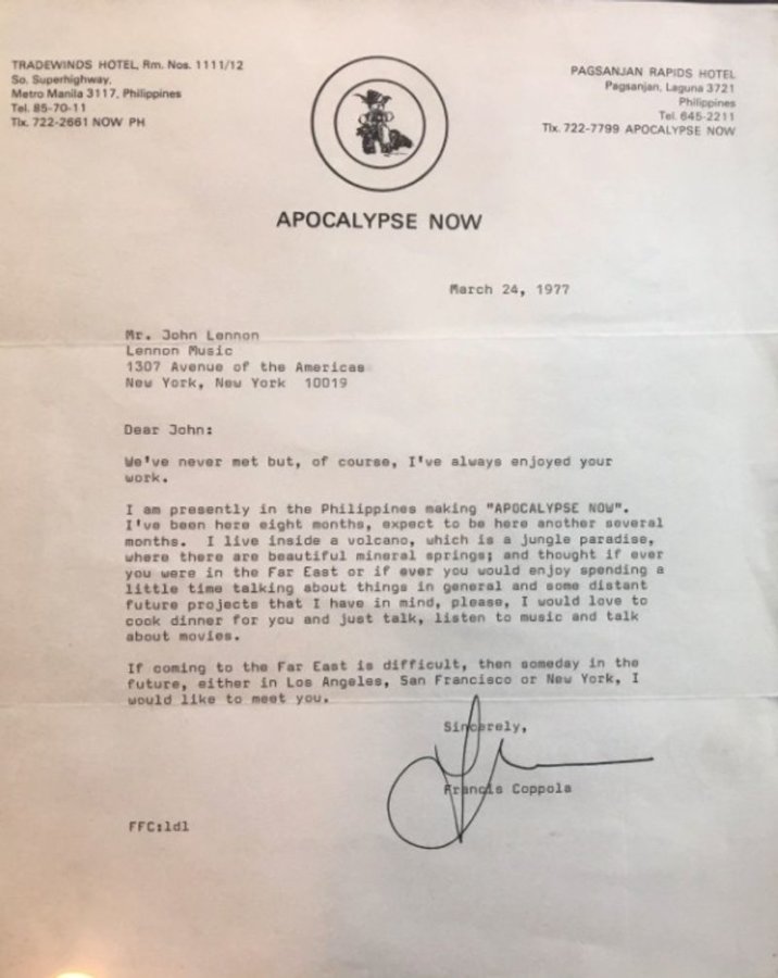 The letter Francis Ford Coppola sent to John Lennon asking him to contribute 'Apocalypse Now'
