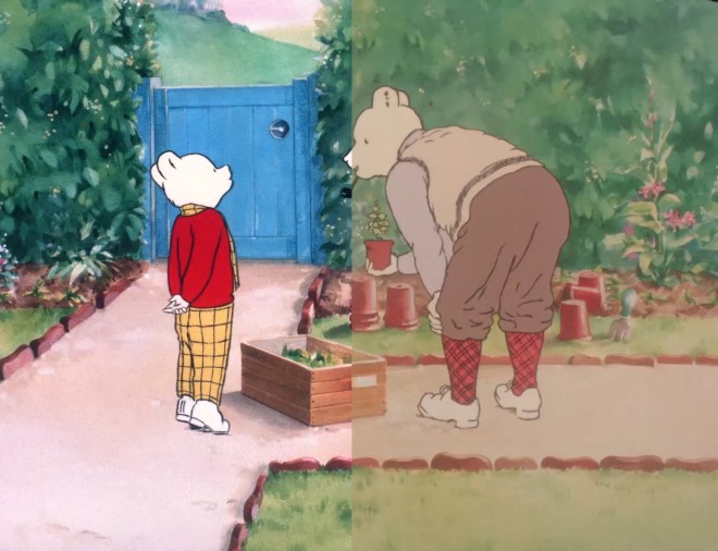 Screenshot showing the difference between the original and remastered Rupert and the Frog Song film