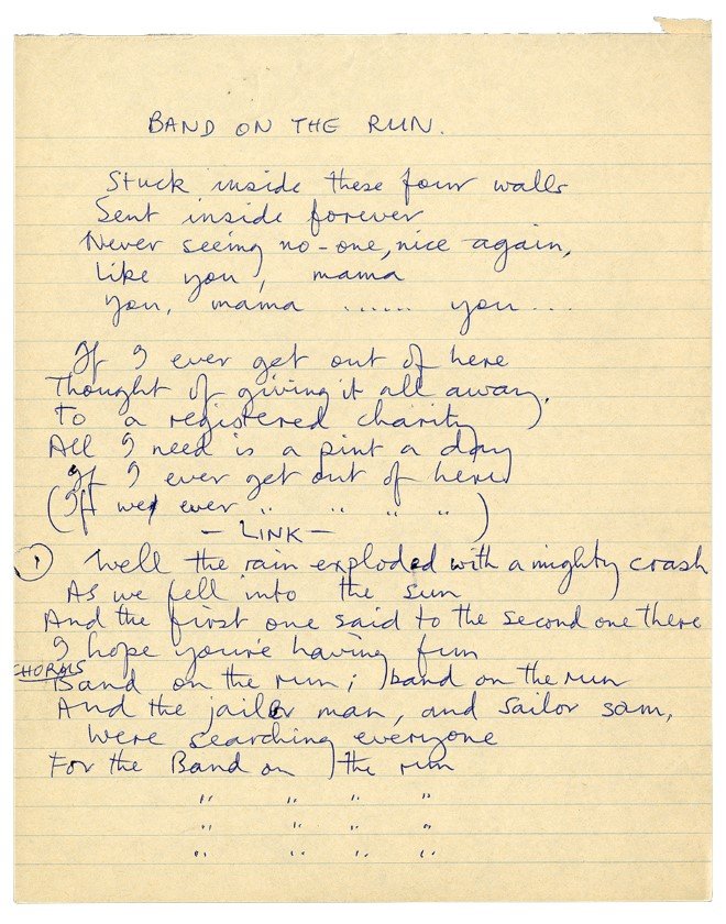 Paul's Handwritten 'Band On The Run' lyrics